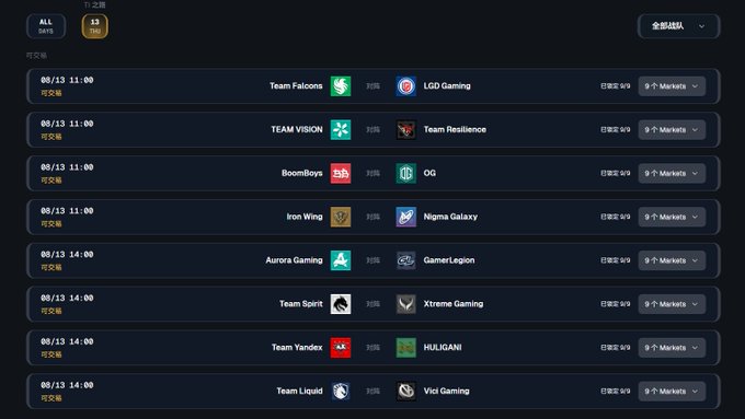 A schedule of esports matches showing games on 08/13 at 11:00 and 14:00, with teams including Team Falcons vs LGD Gaming, Team Liquid vs Vici Gaming, and others, all listed as '可交易' (tradable).