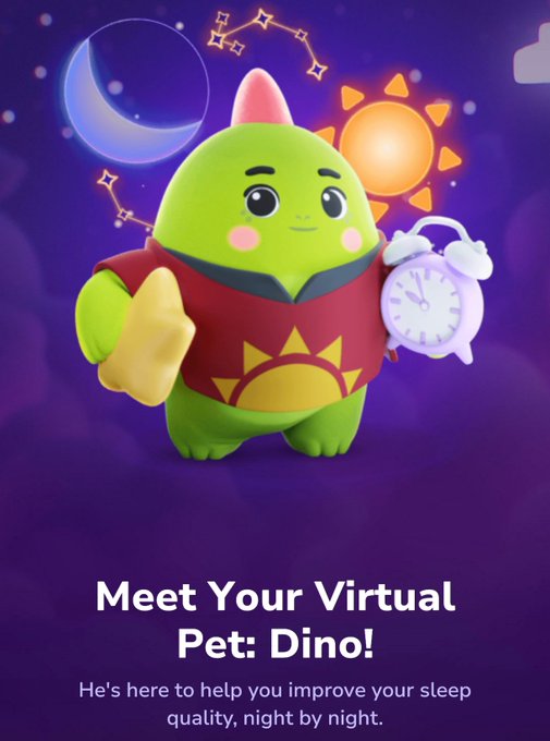 The image features a green dinosaur character holding a clock and a yellow object (possibly a hat). The background of the image is purple with stars and planets. There are also some text elements, including "Meet Your Virtual Pet: Dino!" which suggests that this is an advertisement for a virtual pet companion designed to help improve sleep quality by providing insights and rewards based on the user's sleep patterns.