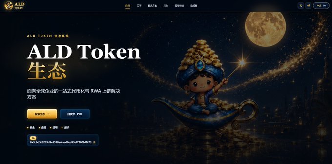 The image shows a promotional website for "ALD Token" (生态), described as a one-stop tokenization and RWA (Real World Asset) chain solution for global enterprises, featuring a whimsical character on a magic carpet under a moonlit sky alongside a contract address starting with "0x7a6013253d5e3336dacabad6c3ad7700968473."