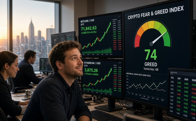 A man in an office setting looking at multiple monitors displaying cryptocurrency charts, including Bitcoin at $71,842.63, Ethereum at $3,875.26, and a Crypto Fear & Greed Index showing '74 GREED'.