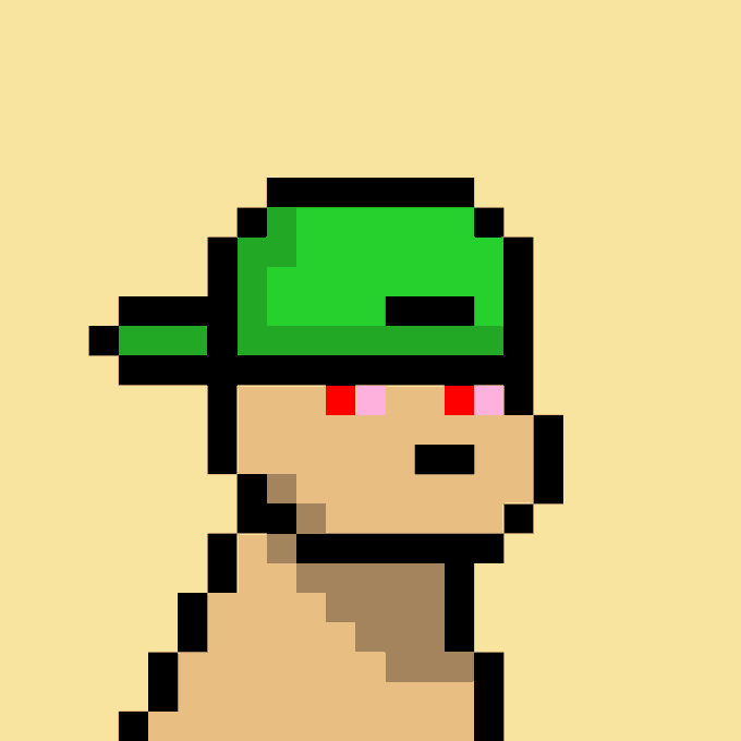 A pixel art illustration of a character with a green helmet or hair and a brown outfit, shown in profile against a solid light yellow background.