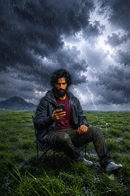 A bearded man sits in a camping chair on a wet grassy field, looking down at his smartphone while dark stormy clouds and lightning fill the dramatic sky behind him.