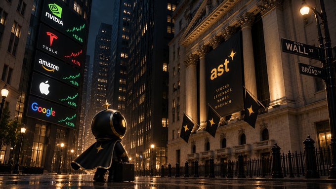 A nighttime scene on Wall Street features the New York Stock Exchange with an 'ast' banner, while digital billboards display stock tickers for NVIDIA, Tesla, Amazon, Apple, and Google with green upward charts.