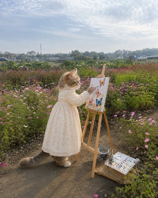 A cat in a cream dress paints colorful butterflies on an easel in a field of pink flowers. The whimsical scene of an artist carefully crafting individual butterflies mirrors the post's message about Quip Network's approach to digital identity—not as a single blockchain, but as distinct, verifiable identities for each user, application, and AI agent.