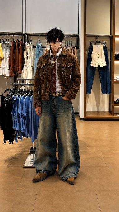 A young man with glasses poses in a clothing store wearing a brown denim jacket with a shearling collar, a striped tie, a white shirt, and wide-leg blue jeans.