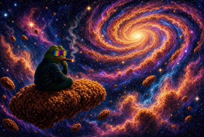A surreal digital artwork showing a contemplative green frog wearing rainbow-lensed sunglasses, sitting on a floating orange asteroid while puffing a smoke ring, with a bright orange and blue spiral galaxy in the background.
