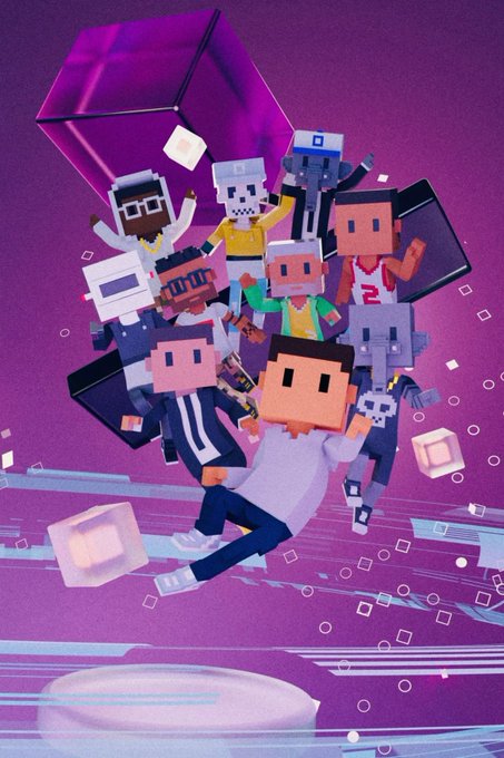 A group of blocky, pixelated characters with cube-shaped heads resembling Meebits (NFT avatars) appear to be falling or bursting through the air against a vibrant purple background, perfectly illustrating the post's enthusiasm for Meebits NFTs alongside the ape culture reference.