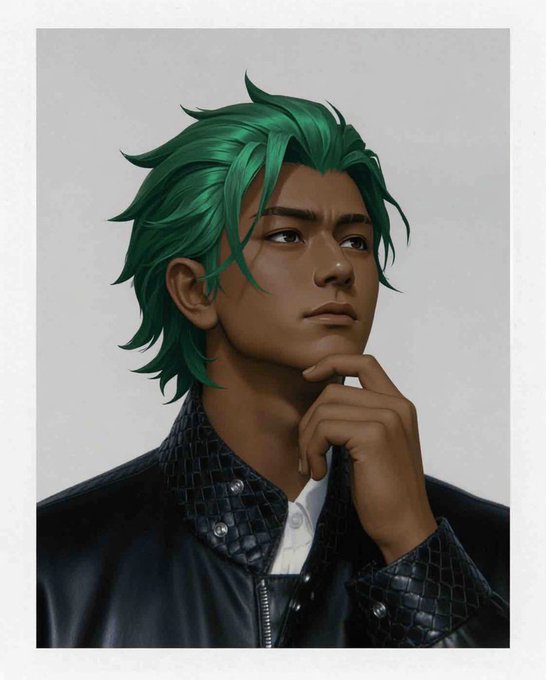 A 3D-rendered portrait of a young man with vibrant green hair, brown skin, and sharp features, wearing a dark textured jacket over a white shirt, posed thoughtfully with his hand near his chin.