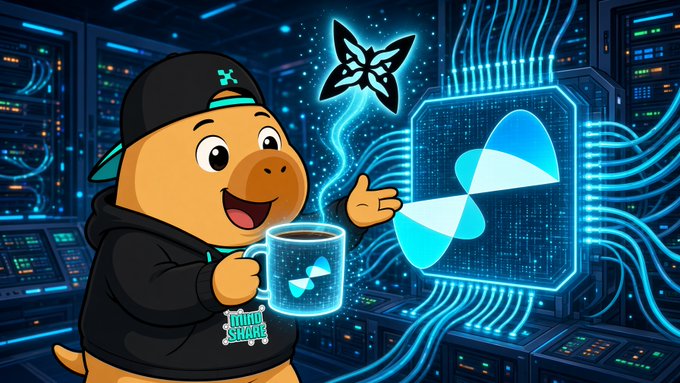 An animated cartoon character wearing a black cap and hoodie holds a glowing blue mug in a futuristic server room, interacting with a holographic butterfly emblem on a blue panel.
