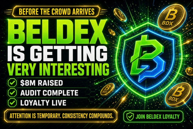 A promotional graphic for 'BELDEX' cryptocurrency featuring the text 'BEFORE THE CROWD ARRIVES' and 'BELDEX IS GETTING VERY INTERESTING' with highlights of '$8M RAISED', 'AUDIT COMPLETE', 'LOYALTY LIVE', and a 'JOIN BELDEX LOYALTY' button.