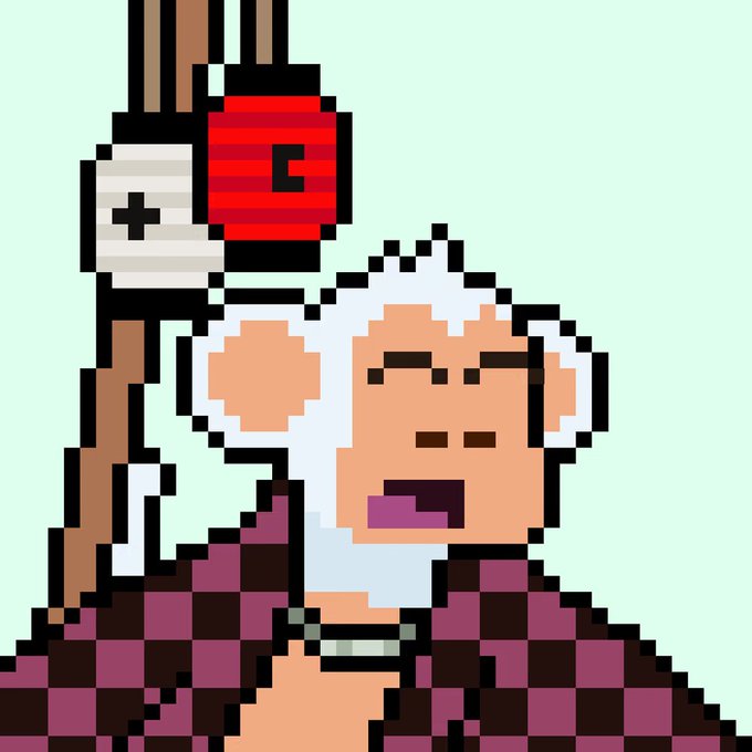 Pixel art illustration of a monkey character with a red boxing glove on a stick, possibly representing the Ape NFT collection.