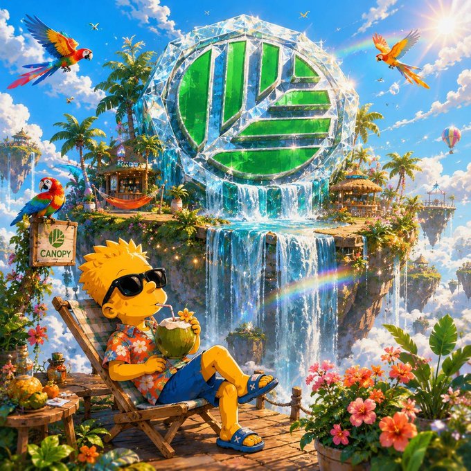 A vibrant digital illustration showing a yellow figure relaxing in a beach chair with a coconut drink, set against a tropical landscape with waterfalls, parrots, and a large glowing Canopy logo.