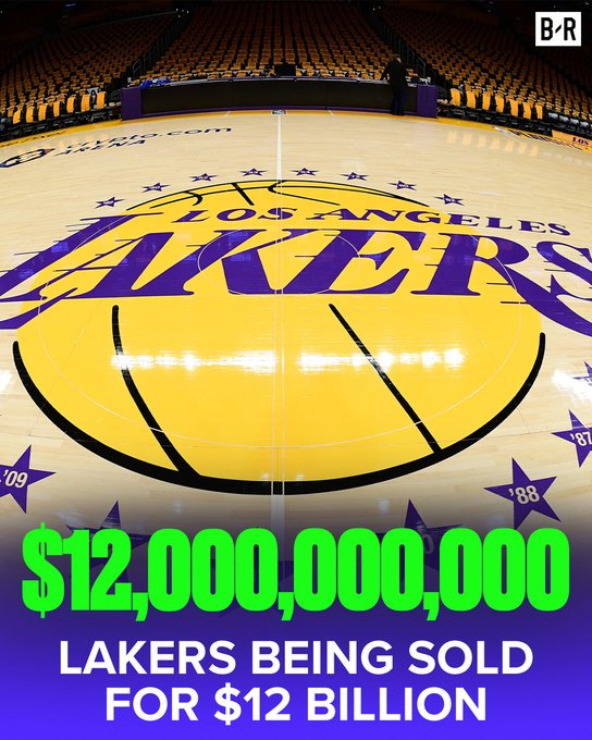 A Los Angeles Lakers basketball court logo with text reading '$12,000,000,000 LAKERS BEING SOLD FOR $12 BILLION' displayed prominently in green and white.