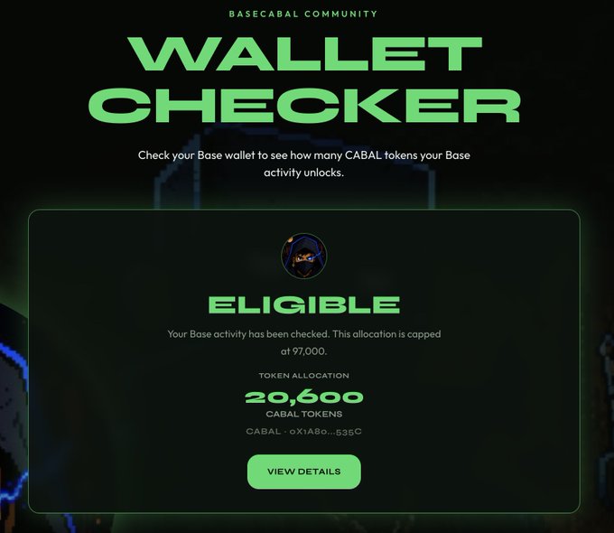 The image is a "WALLET CHECKER" screen for the Basecabal Community, showing a Base wallet is "ELIGIBLE" for an airdrop with a token allocation of 20,600 CABAL tokens (capped at 97,000), linking to cabal.sentralab.xyz for users to check their Base network activity—airdrop eligibility, as referenced in the accompanying post about the Basecabal airdrop for active Base users.