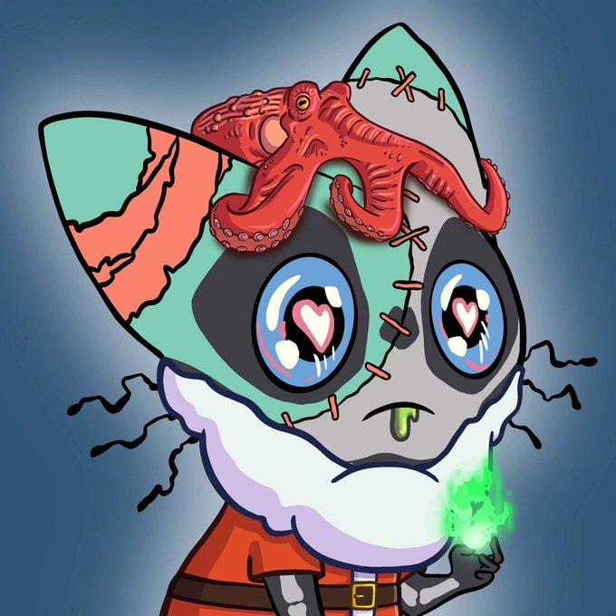 A stitched, zombie-like cartoon cat with large heart-shaped pupils holds a glowing green flame, reflecting the chaotic and undead NFT art style associated with the Felis HQ free mint drop on Solana within a 24-hour window.