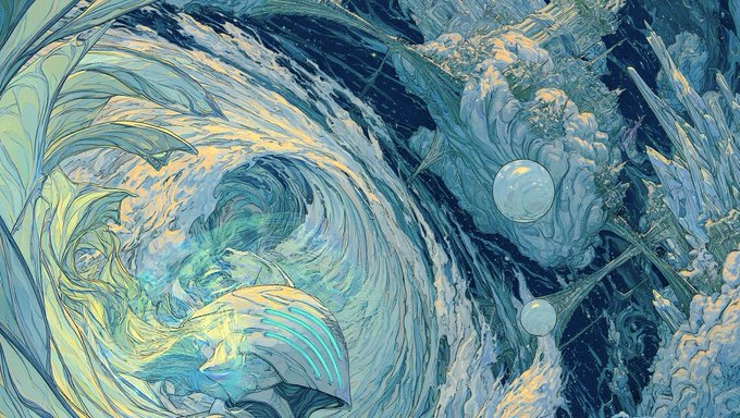 An abstract digital artwork features swirling patterns in blue, teal, and yellow tones with bubble-like circular elements.