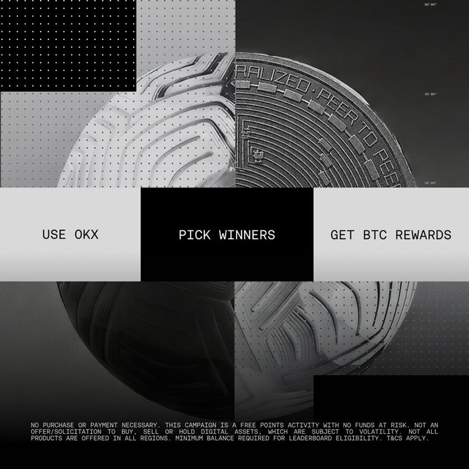The image features an advertisement for Bitcoin, with a large black and white coin as its central focus. The coin has a spiral design and is placed at the center of the image. Below the coin, there are three lines of text that read "Use OKX", "Pick winners Get BTC rewards", and "Focus on what is in the image and how it relates to the post". This suggests that the advertisement is promoting Bitcoin as a means for people to make money through cryptocurrency trading or mining. The presence of the coin serves as an eye-catching visual element, drawing attention to the message being conveyed by the advertisement.