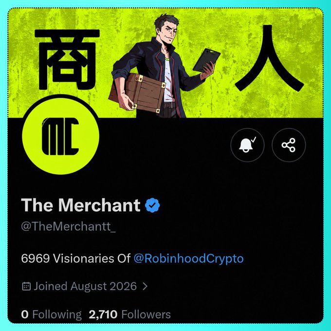 A Twitter/X profile card for 'The Merchant' (@TheMerchantt_) with a verified checkmark, featuring pixel-art style header imagery with the Chinese characters '商人' (merchant) and an illustration of a man holding a briefcase and tablet, showing 2,710 followers and a join date of August 2026.