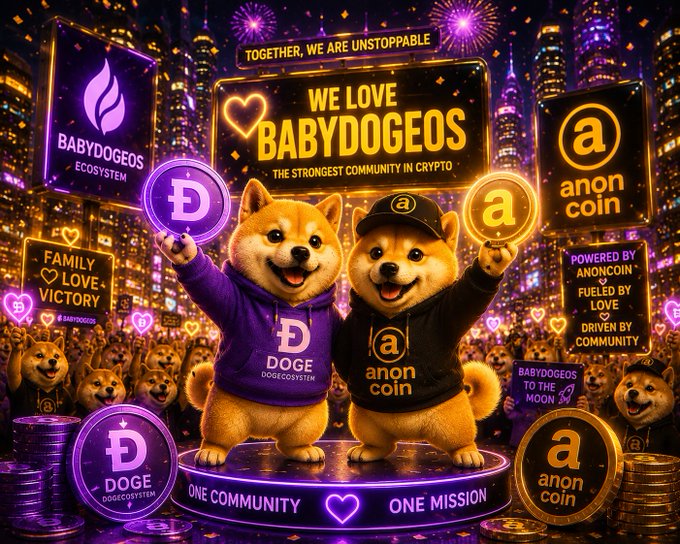 The image features two cartoon dogs, one wearing a purple shirt and the other wearing a black shirt, standing together with their arms raised high above their heads. They are surrounded by various coins and signs that read "DogeOS", "BabyDogeOS", and "Anoncoin". The text on these signs suggests that they are promoting Bitcoin and cryptocurrency.