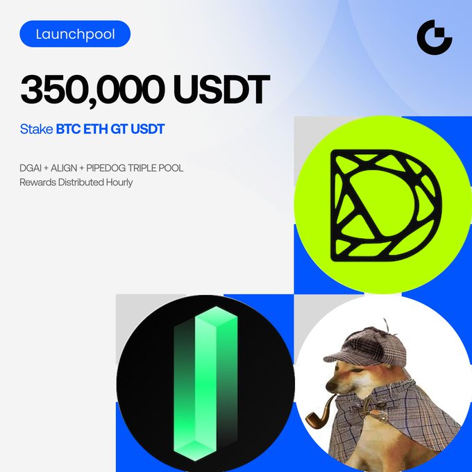 Gate.io Launchpool promotional graphic highlighting over 350,000 USDT in rewards for staking BTC, ETH, GT, or USDT across the DGAI, ALIGN, and PIPEDOG triple pools, with hourly reward distributions and featuring icons for each of the three token projects.