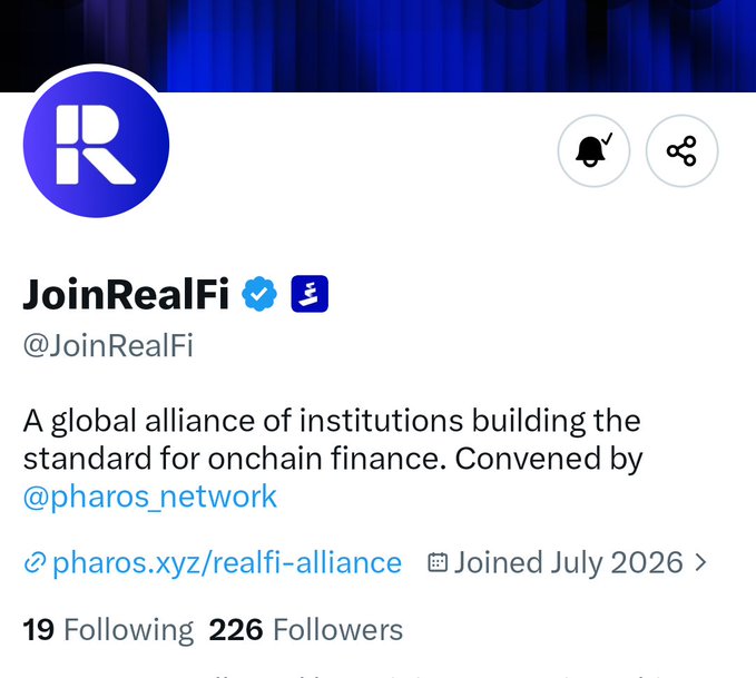 A Twitter/X profile screenshot for JoinRealFi (@JoinRealFi), described as 'A global alliance of institutions building the standard for onchain finance. Convened by @pharos_network,' with 19 Following and 226 Followers, joined July 2026.