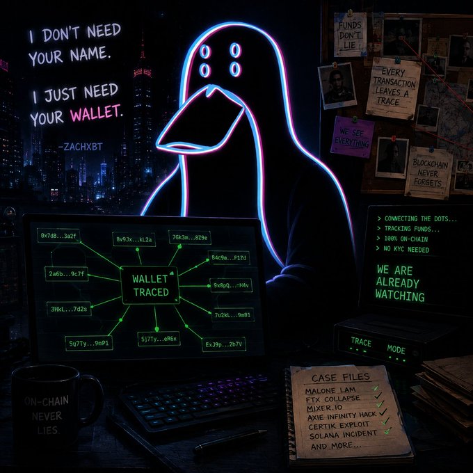 A neon-style digital illustration featuring a hooded figure surrounded by crypto-tracing elements, with the quote "I DON'T NEED YOUR NAME. I JUST NEED YOUR WALLET. -ZACHXBT," a "WALLET TRACED" diagram, "WE ARE ALREADY WATCHING," and a case file listing names like MALONE LAM, FTX COLLAPSE, MIXER.IO, AXIE INFINITY HACK, CERTIK EXPLOIT, and SOLANA INCIDENT.