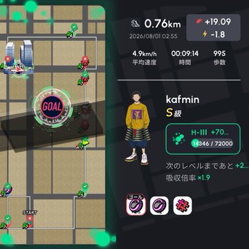 A screenshot from a fitness game shows a map with character icons and a "GOAL" marker on the left, and player stats for "kafmin" on the right.