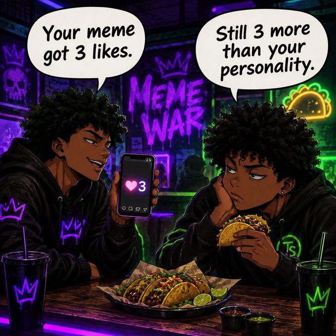 An animated meme depicting two characters at a 'Meme War' themed restaurant, with one showing a phone with 3 likes saying 'Your meme got 3 likes' and the other responding 'Still 3 more than your personality.'