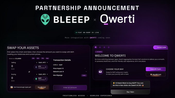 The image is a partnership announcement graphic between BLEEEP and Qwerti, displaying their logos and the tagline "Frictionless Access • Seamless Experience." It showcases a crypto swap interface for trading BLEEP tokens, with sections for "Swap Your Assets" and "Welcome to Qwerti" where users can buy tokens with crypto or card, illustrating how the two platforms integrate AI-powered DeFi solutions.
