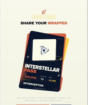 Cryptopolitan 'Share Your Wrapped' promotional graphic showing an 'Interstellar Pass' card with 305,938 points, 73 invites, and a value of 4,500 from the Interceptor program.