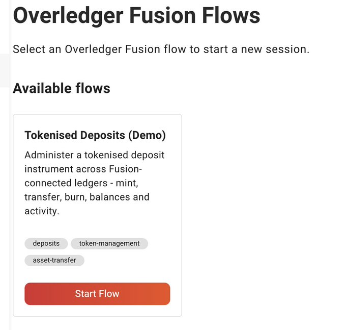 A webpage for 'Overledger Fusion Flows' displays a 'Tokenised Deposits (Demo)' option with tags deposits, token-management, and asset-transfer, alongside a red 'Start Flow' button.