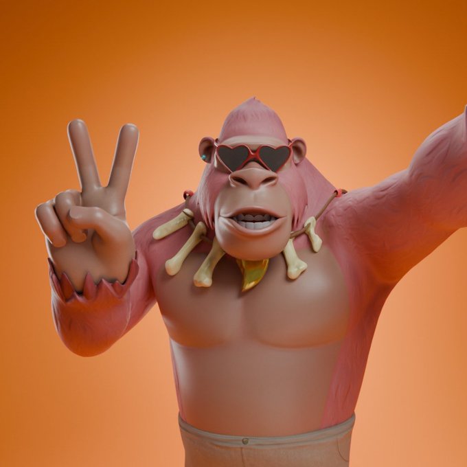 A 3D-rendered pink gorilla wearing heart-shaped red sunglasses and a bone necklace, smiling and holding up a peace sign against an orange background.