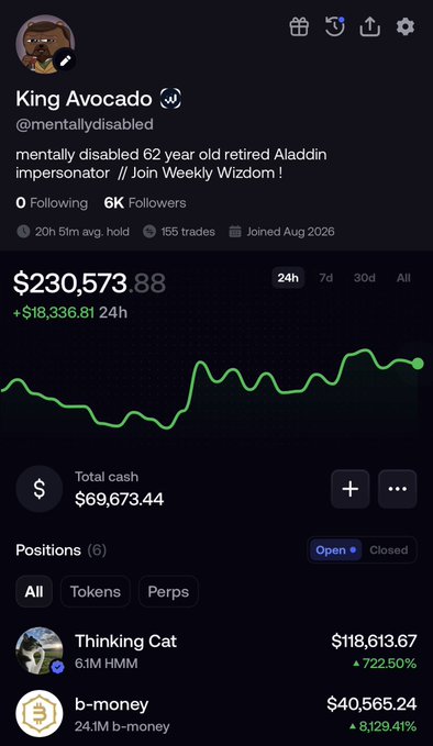A screenshot of a social media profile for "King Avocado (@mentallydisabled)" showing a portfolio value of $230,573.88 with a +$18,336.81 24h gain, featuring top holdings in "Thinking Cat" (+722.50%) and "b-money" (+8,129.41%), which the accompanying post presents as proof of a "winning formula" by promoting the account and Weekly Wizdom subscription service.