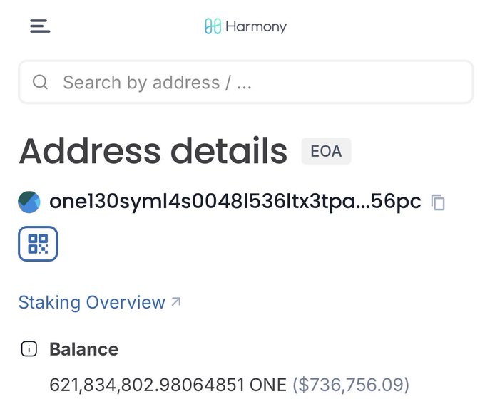 A Harmony blockchain explorer page shows 'Address details' for an EOA wallet containing a balance of 621,834,802.98 ONE tokens valued at $736,756.09.