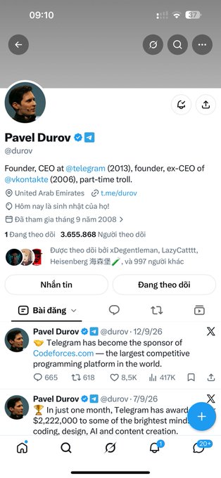 A mobile screenshot of the X (Twitter) profile page for Pavel Durov (@durov), showing his bio as 'Founder, CEO at @telegram (2013), founder, ex-CEO of @vkontakte (2006)' with verified badge and Vietnamese localization, displaying recent posts including one about Codeforces.com sponsorship.