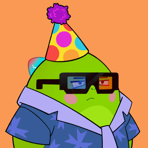 The image features a cartoon character wearing glasses, a party hat, and a tie. The character appears to be a Sleepagotchi, a popular video game character from the NFT (Non-Fungible Tokens) community. The character is described as having a unique appearance with blue eyes and a green body. The post also mentions that there are two posts about the character on social media platforms.