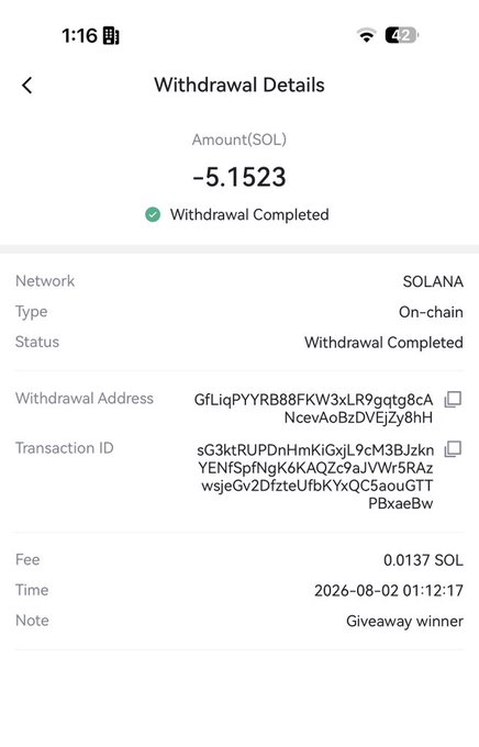 This image shows a completed withdrawal of 5.1523 SOL on the Solana network, with the note "Giveaway winner" and a transaction date of 2026-08-02. This relates to the post about rewarding the community with $SOL.