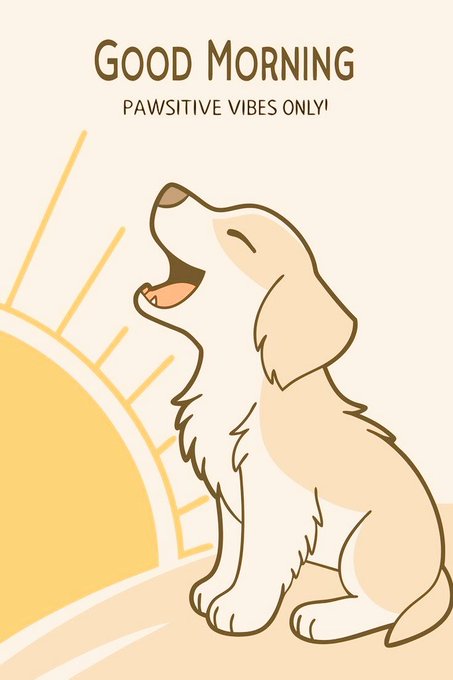 A cartoon illustration of a light brown dog yawning and stretching next to a rising sun, with the text "Good Morning" and "Pawsitive Vibes Only!".
