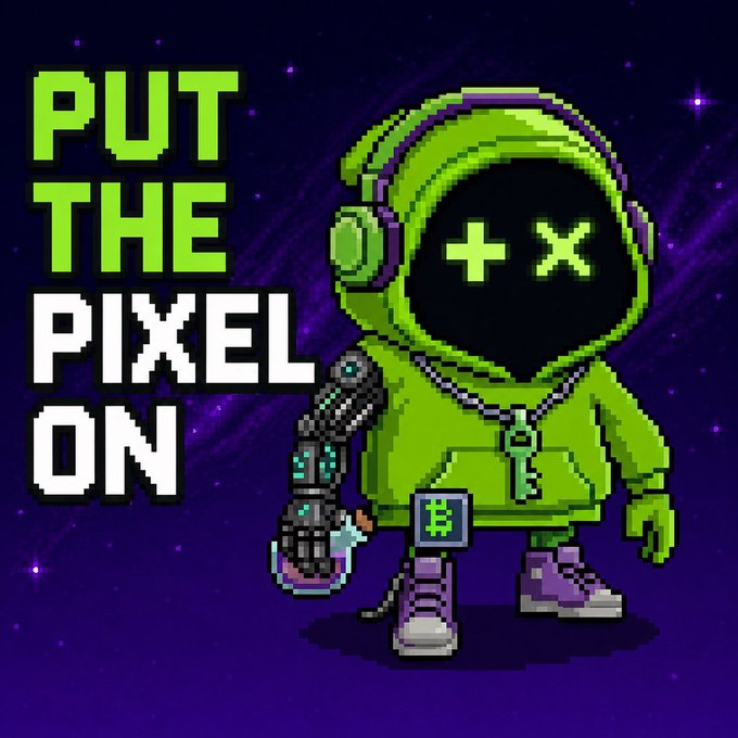 A pixel art graphic featuring a green astronaut character holding a ray gun, accompanied by the text 'PUT THE PIXEL ON'.