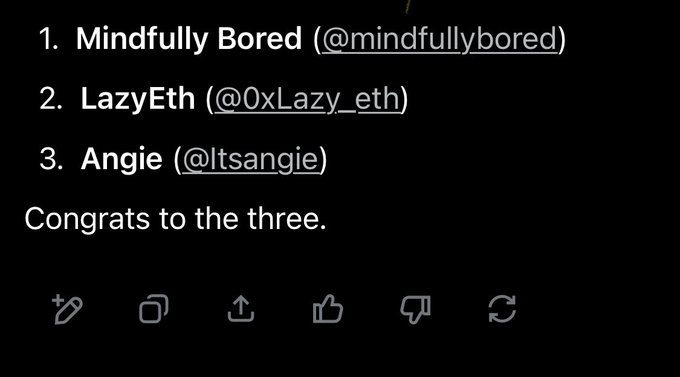 A tweet congratulating three winners: 1. Mindfully Bored (@mindfullybored), 2. LazyEth (@0xLazy_eth), and 3. Angie (@Itsangie).