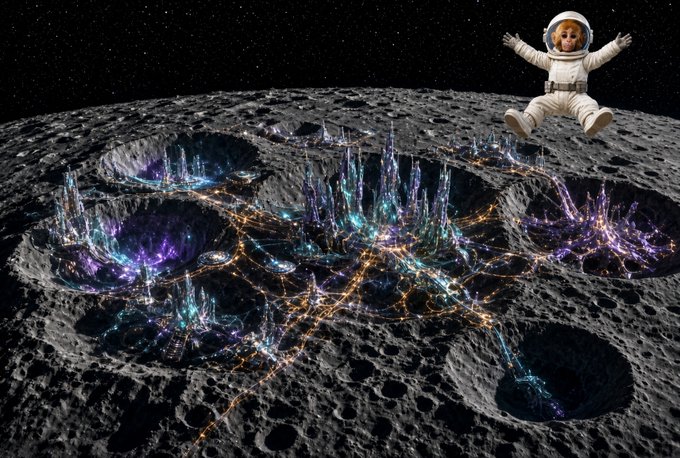 A surreal scene of a young child in a white astronaut suit floating above a cratered lunar surface that features an illuminated, futuristic city with glowing purple, blue, and orange structures inside the craters.