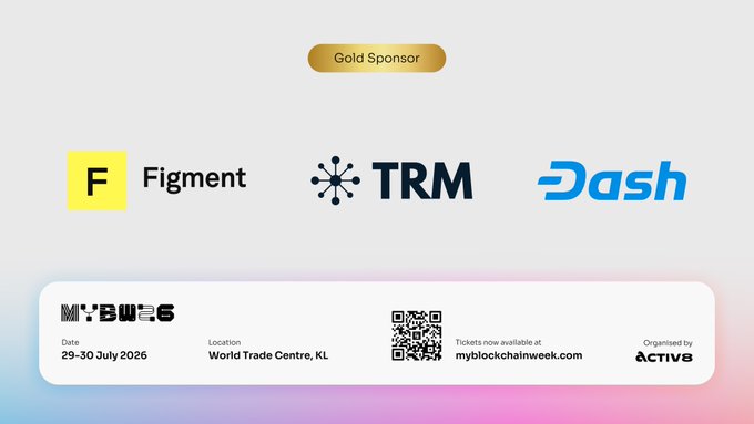 The image showcases the Gold Sponsors of MYBW (My Blockchain Week) 2026, featuring logos for Figment, TRM, and Dash, with event details noting it will be held on 29-30 July 2026 at the World Trade Centre, KL, and tickets available at myblockchainweek.com.