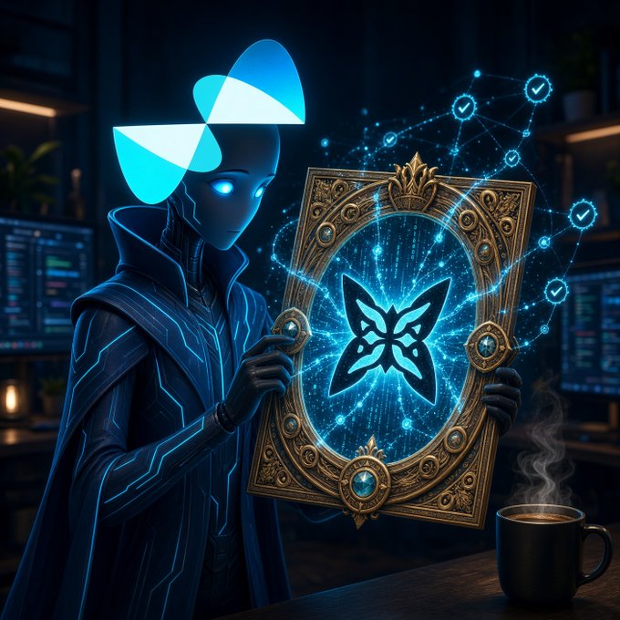 Stylized digital art depicting a futuristic blue-hooded figure with the Avalanche (AVAX) logo for a head, holding an ornate golden frame containing a Symbiotic-style emblem with interconnected verification nodes, set beside a steaming coffee cup.