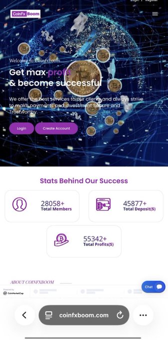 A mobile screenshot of the CoinFxBoom website advertising "Get max profit & become successful" with statistics showing 28,058+ total members, 45,877+ total deposits, and 55,342+ total profits.