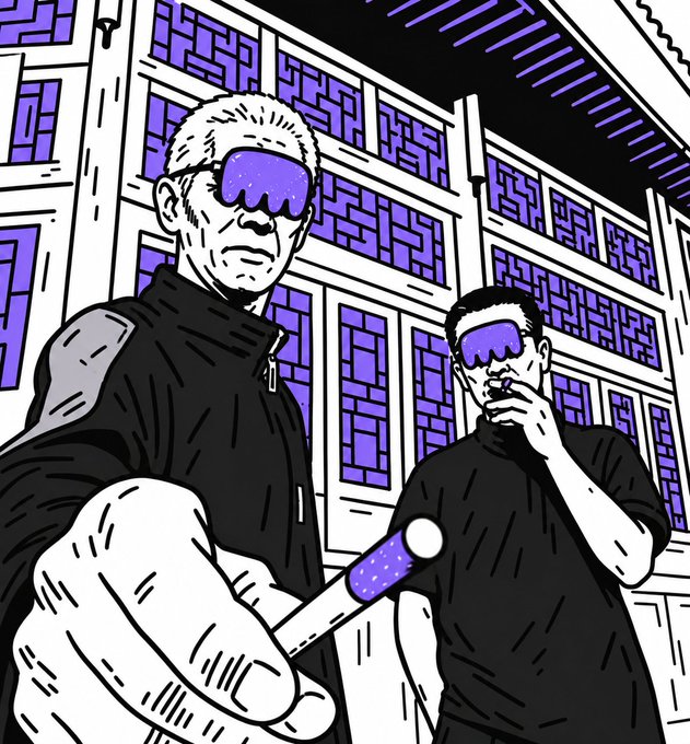 Two figures wearing purple-tinted visors and dark clothing stand in a stylized, comic-book illustration with traditional lattice-patterned windows in the background, one extending a glowing purple-tipped object toward the viewer, evoking a futuristic, Web3-inspired "gm" (good morning) greeting commonly shared in crypto communities.