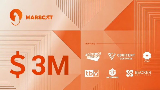 A promotional graphic for 'MARSCAT' announcing a '$3M' funding round, listing investors including animoca BRANDS, COGITENT VENTURES, CGV, tbv, BD VENTURES, and BECKER VENTURES.