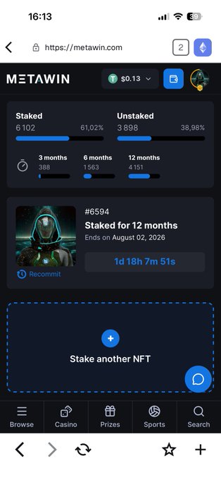A screenshot of the Metawin website showing NFT staking statistics with 6,102 staked and 3,898 unstaked, and an NFT #6594 staked for 12 months ending August 02, 2026.