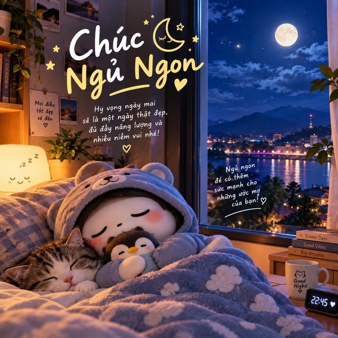 A cozy 'good night' illustration in Vietnamese ('Chúc Ngủ Ngon') featuring a cute character in a bear hood sleeping in bed alongside a kitten and penguin plushie, with a moonlit city view through the window.