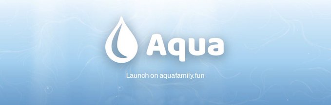 A blue banner with a water droplet logo displays the text 'Aqua' and 'Launch on aquafamily.fun' against a watery background.