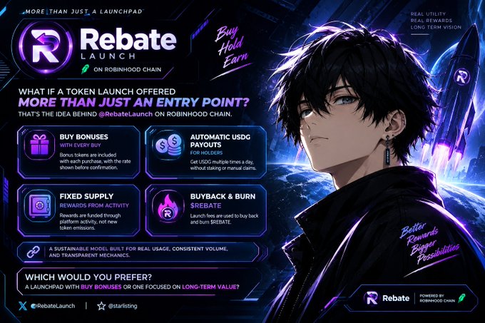 A promotional graphic for 'Rebate Launch' on Robinhood Chain, featuring an anime-style character and listing features like Buy Bonuses, Automatic USDG Payouts, Fixed Supply, and Buyback & Burn.